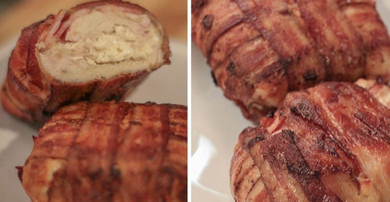 Trouxinha de bacon com frango recheado com requeijão e queijo mussarela